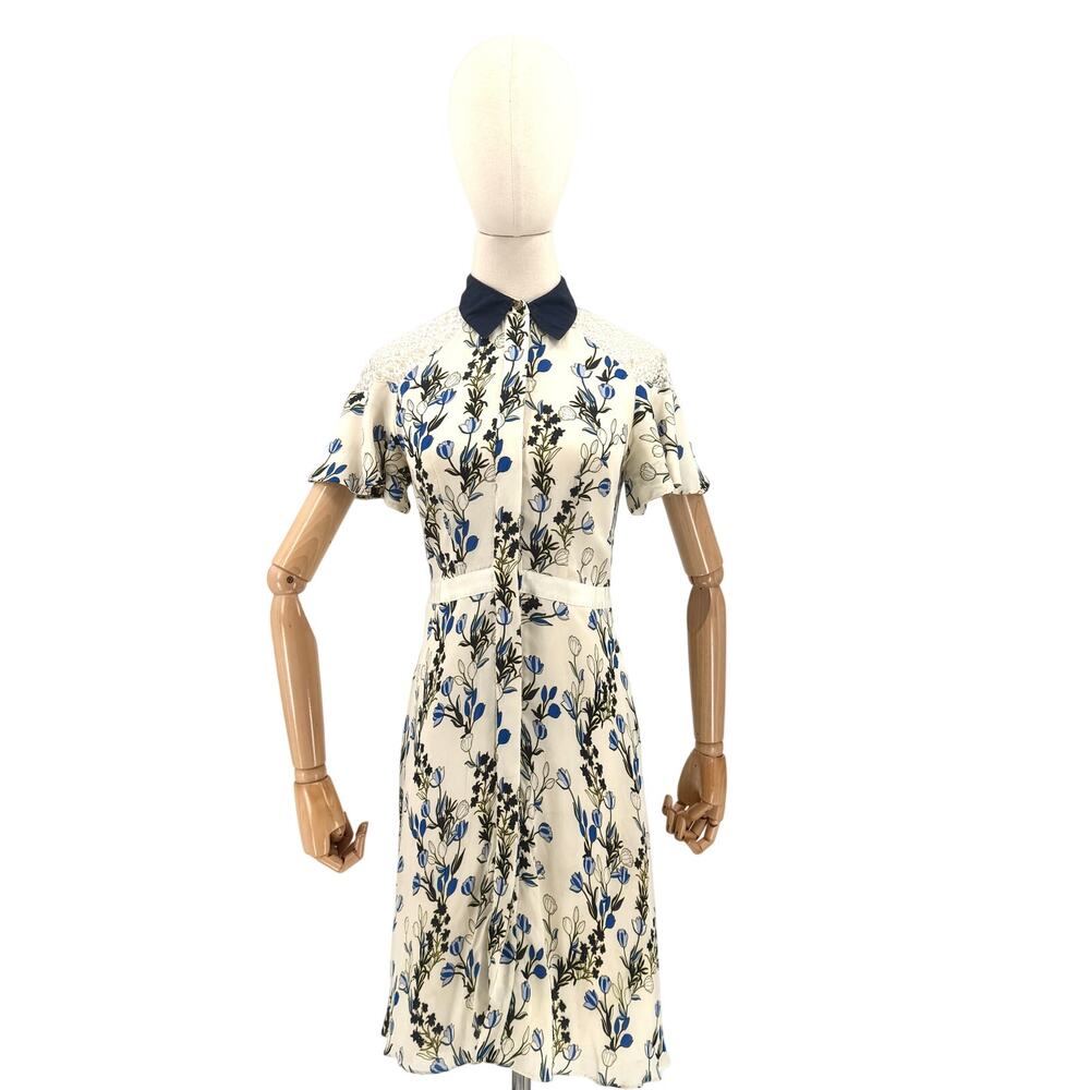 Draper James Navy Blue Cream Floral 100% Silk Lace Sleeve Shirt Dress
